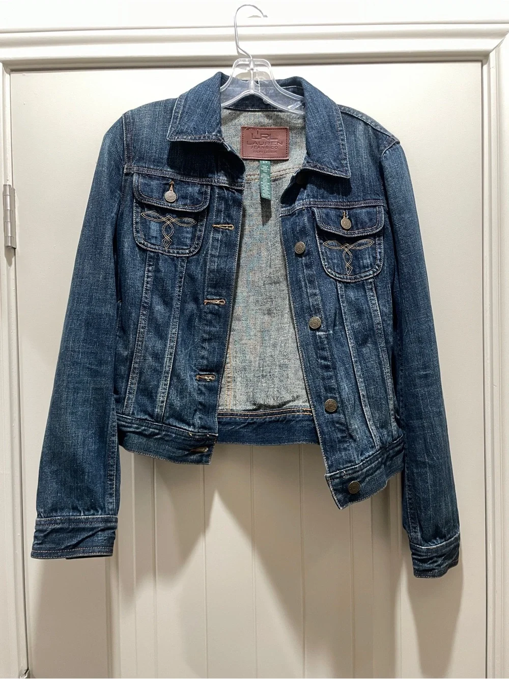 Ralph Lauren Dark Blue Denim Jacket with Brown Leather Patch - Picture 3 of 4